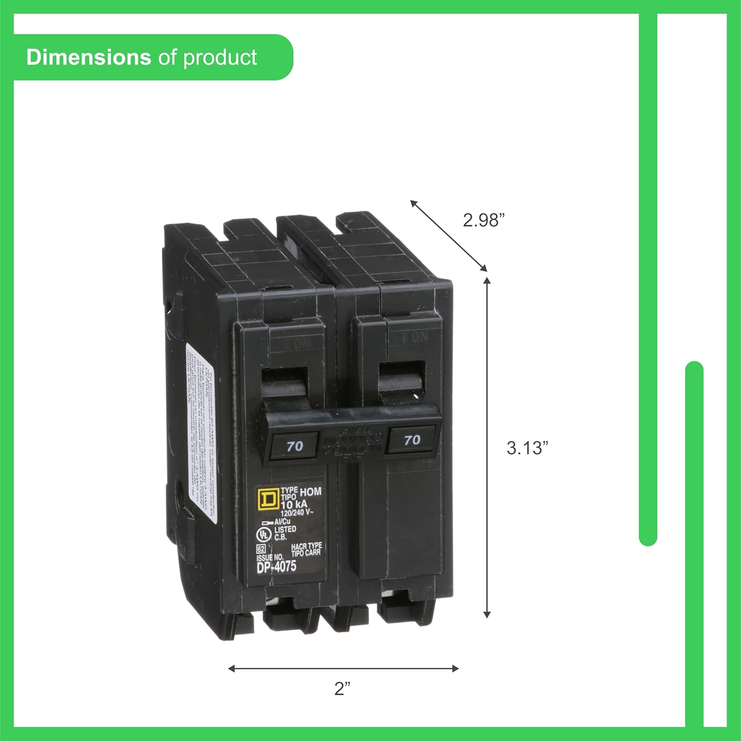 Dimensions of the Square D Homeline 70 Amp 2-Pole Mini Circuit Breaker