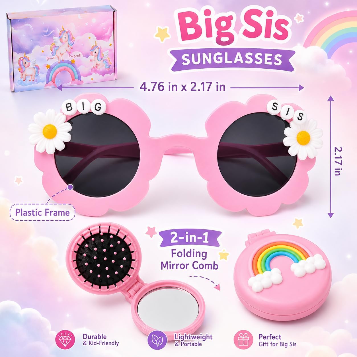 Big Sister Gift Set with Gift Box, Unicorn Rainbow Big Sis Tote Bag Set with Hair Clips, Bracelet, Sunglasses, Mirror Comb, Plush Keychain, Greeting Card