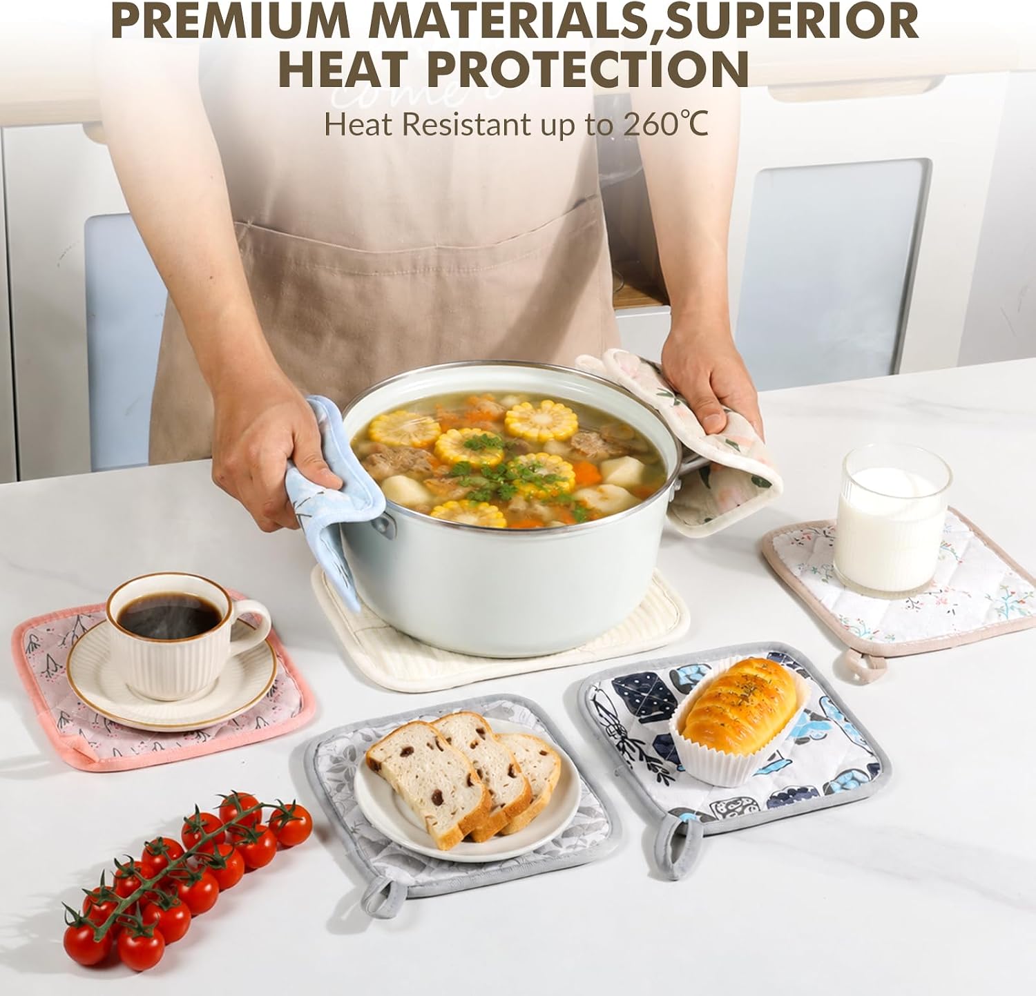 LEEPENK10Piece Pot Holders for Kitchen Heat Resistant,4 Beige Pot Holder with Non-Slip & 4 Japanese Pattern Potholders,Plus 2 Mini Oven Mitts,Hot Pads for Cooking Hot Dishes,Kitchen Aid Pot Holders