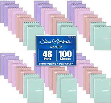 Mintra Office Steno Books Set - Top-Spiral Bound, Narrow Ruled, White Tint Sheets, Poly Pastel Covered Notebooks for Office & School, Colorful Lavender, Sage, Salmon, Spring Pink,6"x9", 48 Pack