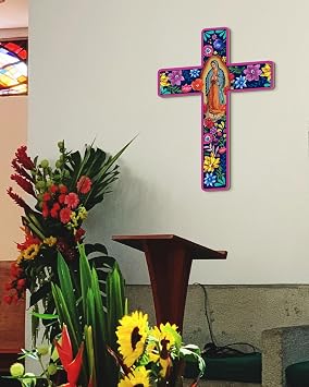 Putuo Decor Floral Cross Wall Decor Painted Decorative Wooden Inspirational Cross Spanish Style Wall Cross Decor Mexican Art Wall Decor Crucifix for Home Room Church Decoration