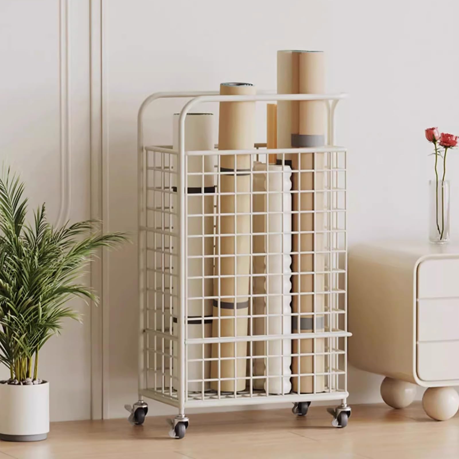 Mobilny Wózek Do Przechowywania Mat Do Jogi Z Kółkami, Stojak Na Sprzęt Fitness O Dużej Pojemności, Idealny Do Organizacji Domowej Siłowni,White-40x24x70cm