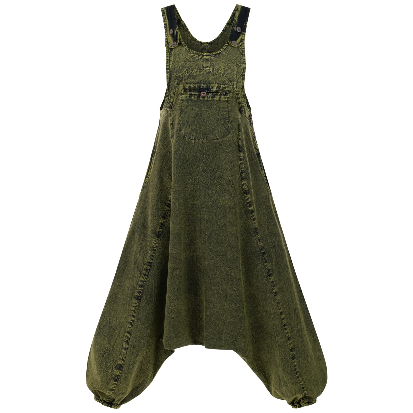 Kunst und Magie Damen Latzhose Hippie Haremshose Goa Hose Boho 70er Jumpsuit Overall Stonewashed Catsuit
