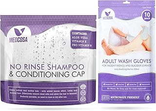 Medcosa No Rinse Shampoo Caps & Adult Wash Gloves Bundle – Waterless Hair & Body Kit – Unscented, Alcohol-Free, & Rinse-Free Shampoo Caps with Aloe Vera – Ideal for Elderly & Bedridden Care