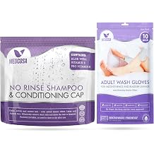 Medcosa No Rinse Shampoo Caps & Adult Wash Gloves Bundle Waterless Hair & Body Kit Unscented, Alcohol-Free, Rinse-Free Shampoo Caps with Aloe Vera Ideal for Elderly & Bedridden Care