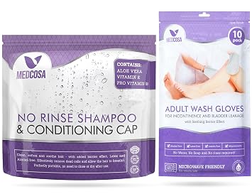 Medcosa No Rinse Shampoo Caps & Adult Wash Gloves Bundle Waterless Hair & Body Kit Unscented, Alcohol-Free, Rinse-Free Shampoo Caps with Aloe Vera Ideal for Elderly & Bedridden Care