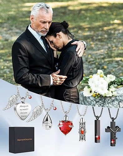 Miniatura 5 de BRINORC Collar de urna cúbica con cruz de corazón para cenizas, joyería de cremación de acero inoxidable para cenizas, medallón conmemorativo,