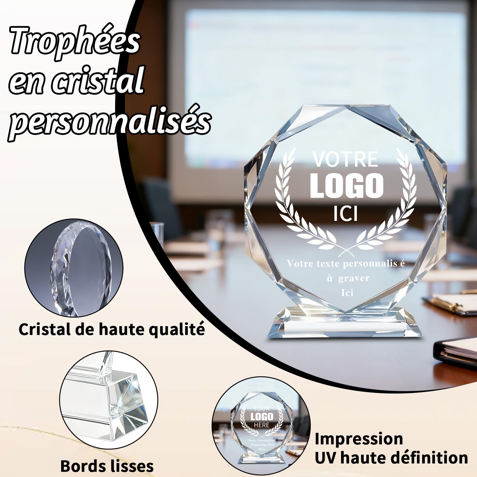 Trophée Personnalisable en Cristal Gravure Personnalisée Logo Nom Texte Photo Trophées en Verre Personnalisés pour Retraite Récompense Employé Sport