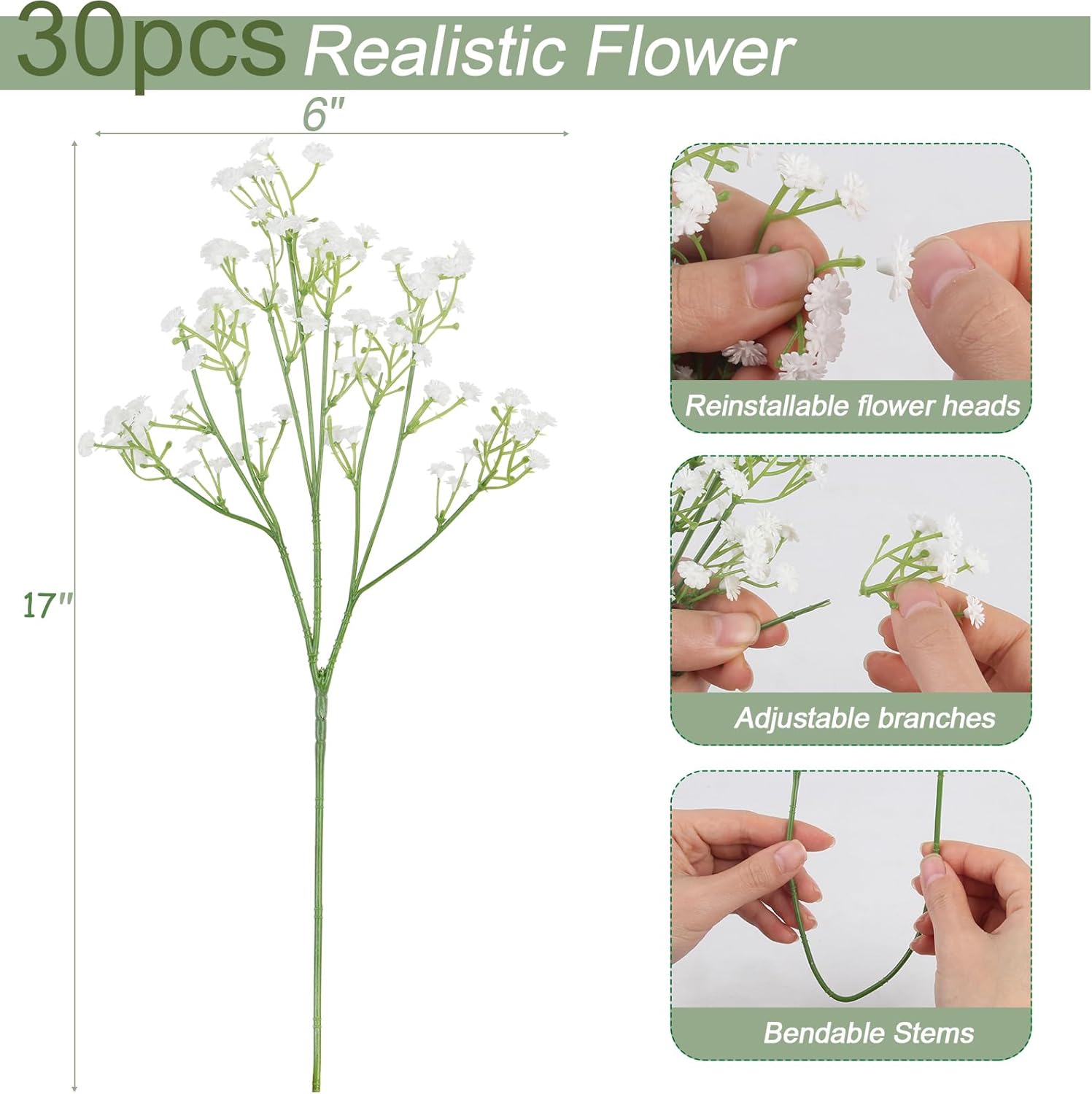 LELEE Baby's Breath Artificial Flowers - 30 PCS Babys Breath Flowers Bulk - Real Touch Fake Gypsophila Bouquets for Wedding Decor, Party Arrangements, Home Decoration, DIY Crafts (White) - Image 3