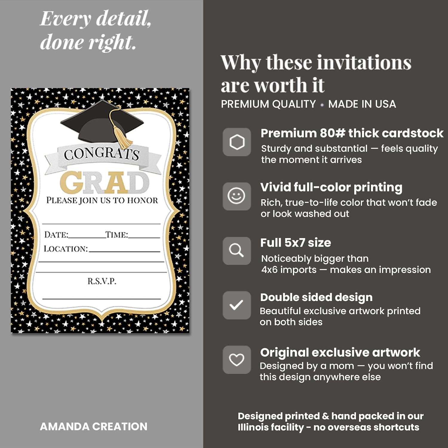 Amanda Creation Classic Star Black, Gold and Silver Graduation Invitation – 20 5x7 Grad Party Invitation With Envelopes