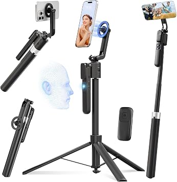 Tripod for iPhone with Magnetic Face Tracking & Selfie Stick | 71" Auto-rotating phone stand with remote, 360 movement. Ideal for live streaming, TikTok, vlogging, video recording