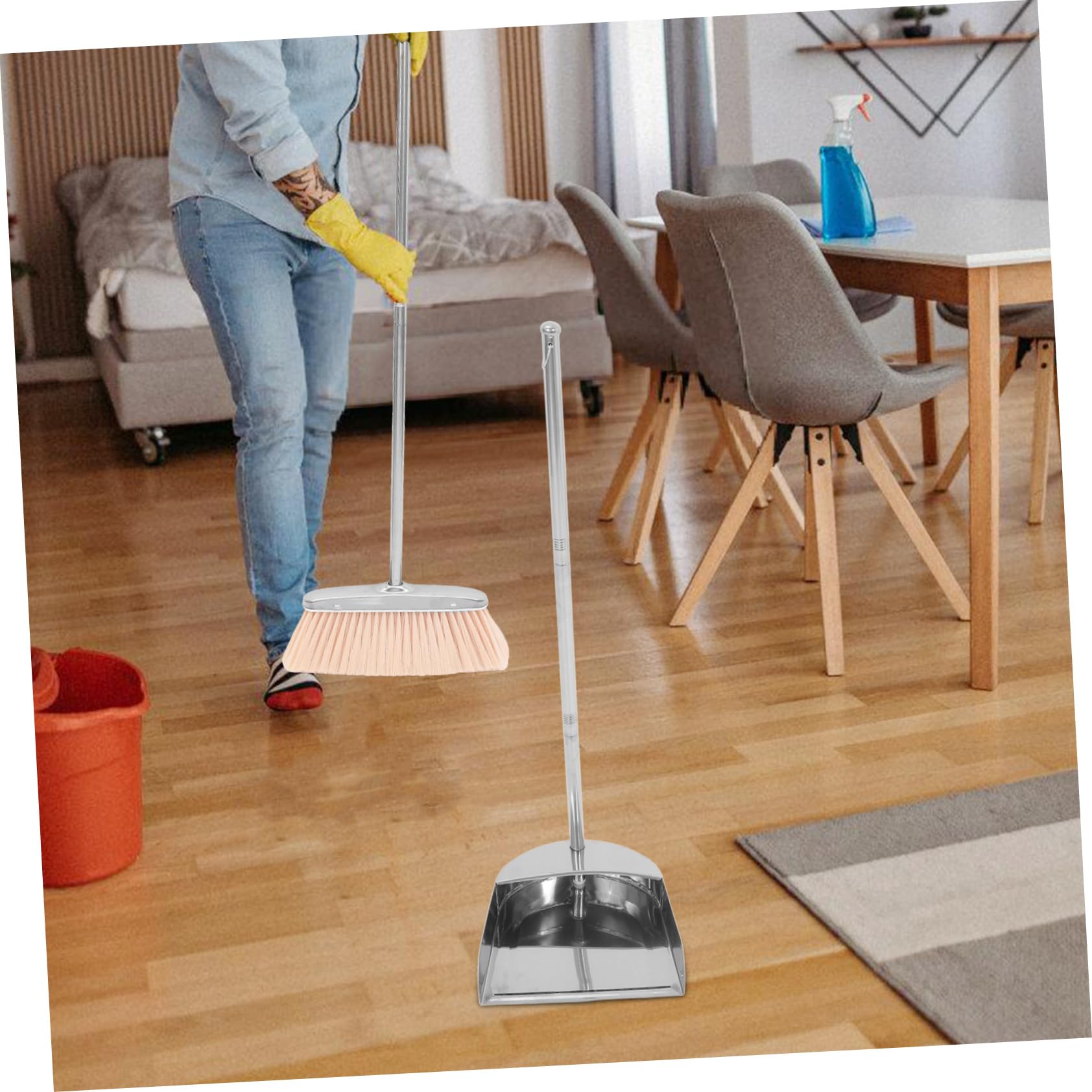 Kehrschaufel Langlebig und Rückenschonend aus Edelstahl mit Langem Stiel Silberfarbene Robuste Staubpfanne für Haushalt und Gartenreinigung