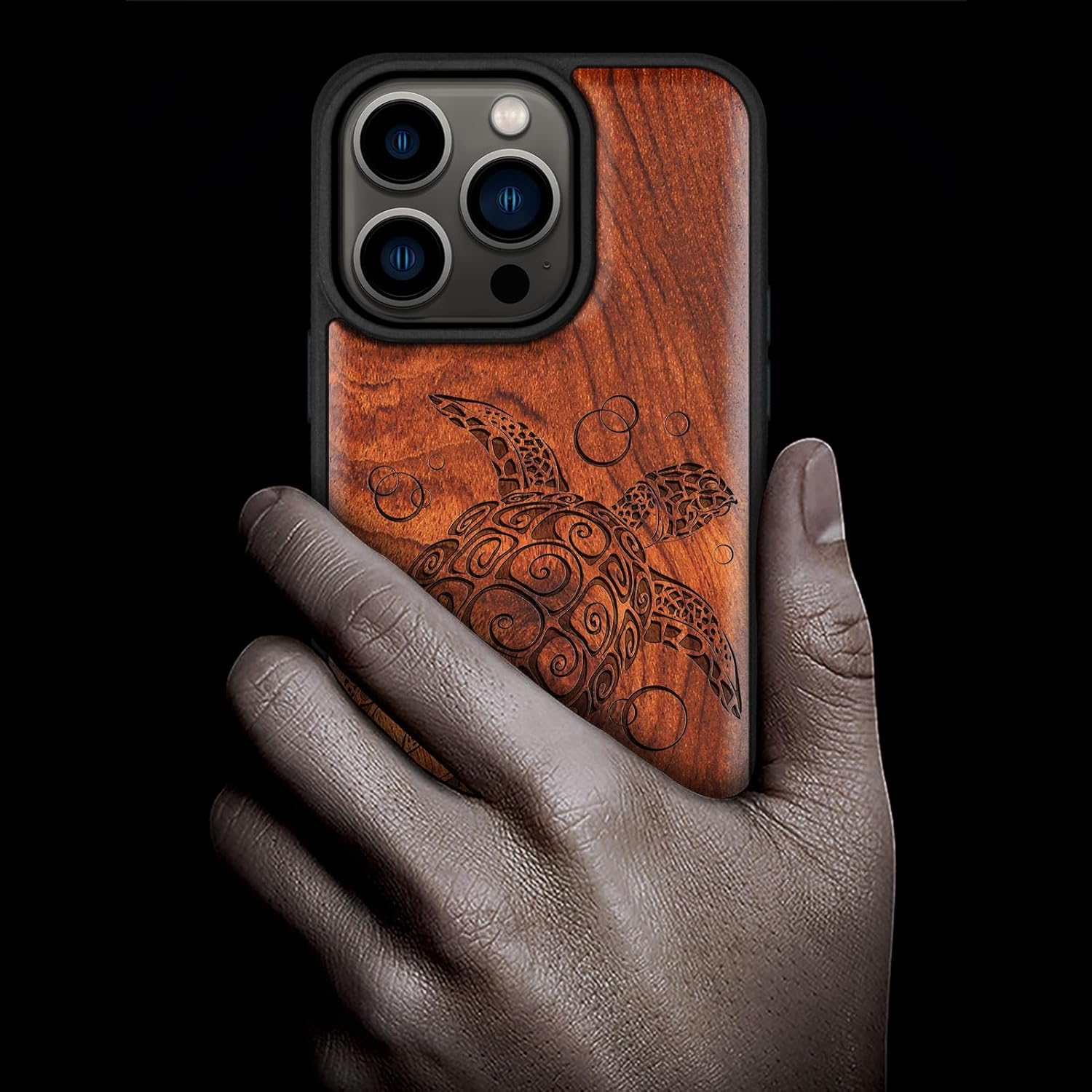 Carveit Magnetic Wooden Case for iPhone 15 Pro Case, Compatible with MagSafe Wireless Chargers, Black Soft TPU Shockproof Cover & Wood Artisan Engraved (Sea Turtle) - Rosy