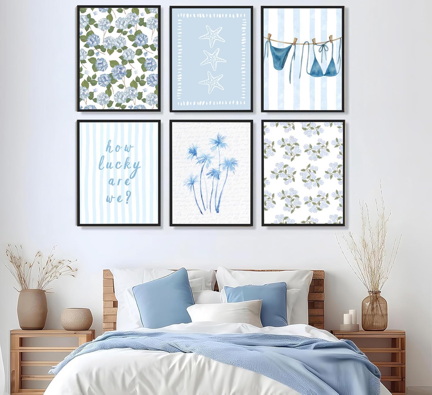 Shrandi 6 Pcs Blue Coastal Beach Canvas Wall Art Light Coastal Granddaughter Aesthetic Picture Prints Blue Bikini Starfish Posters Wall Decor for Girly Room Dorm Bedroom Decoration 12x16In Unframed