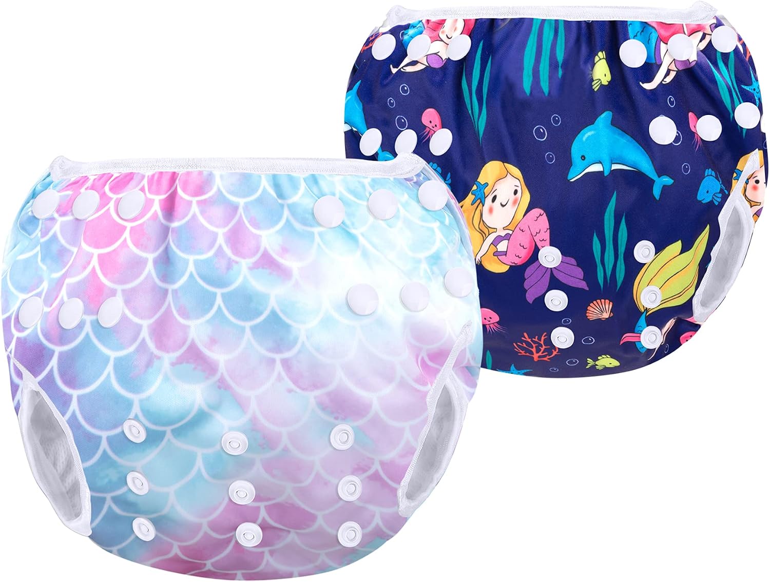 Luxja Swimming Nappy Reusable (Pack of 2), Adjustable Swim Nappies for Baby (0-3 Years), Scales + Mermaid