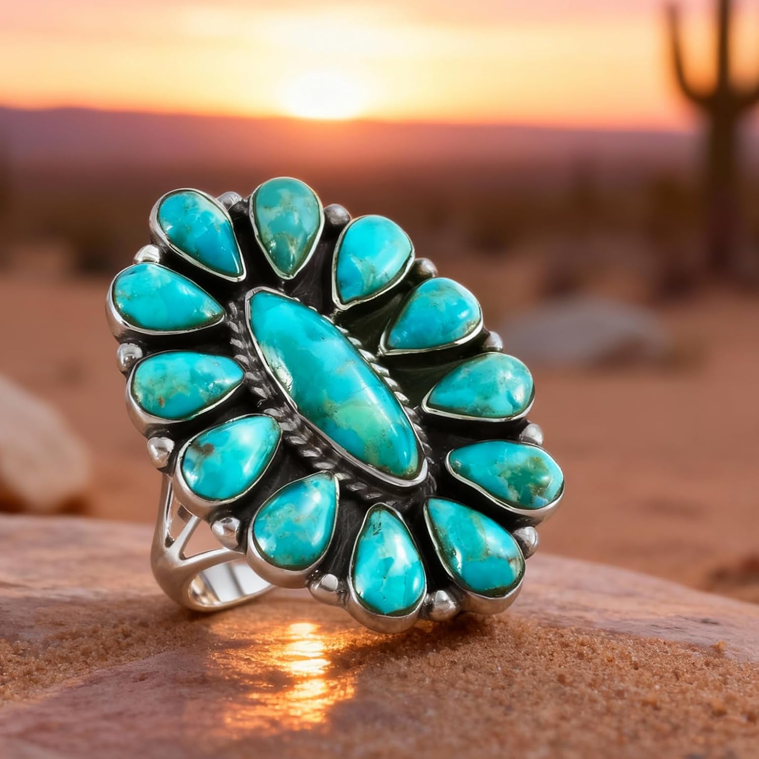 Turquoise Network Southwest Style Ring Sterling Silver Genuine Gemstones & Gemstones - Image 7