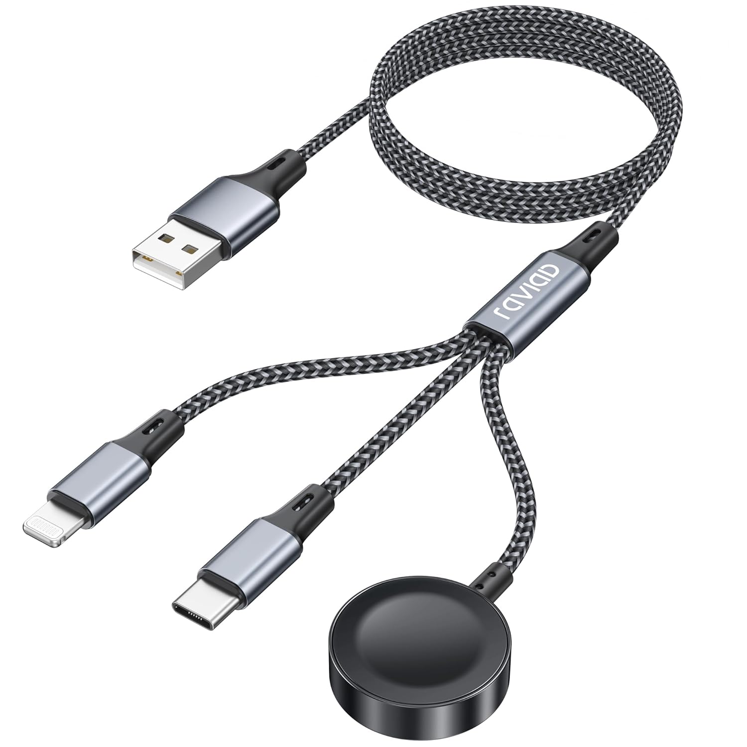 RAVIAD 3 in 1 Ladekabel für Apple Watch 1.2M, Multi USB Kabel mit Apple Watch Ladegerät, USB C, Lightning Kompatibel mit iWatch Ultra/SE/11/10/9/8/7/6, iPhone 17/16/15/14/13/12/11, Galaxy