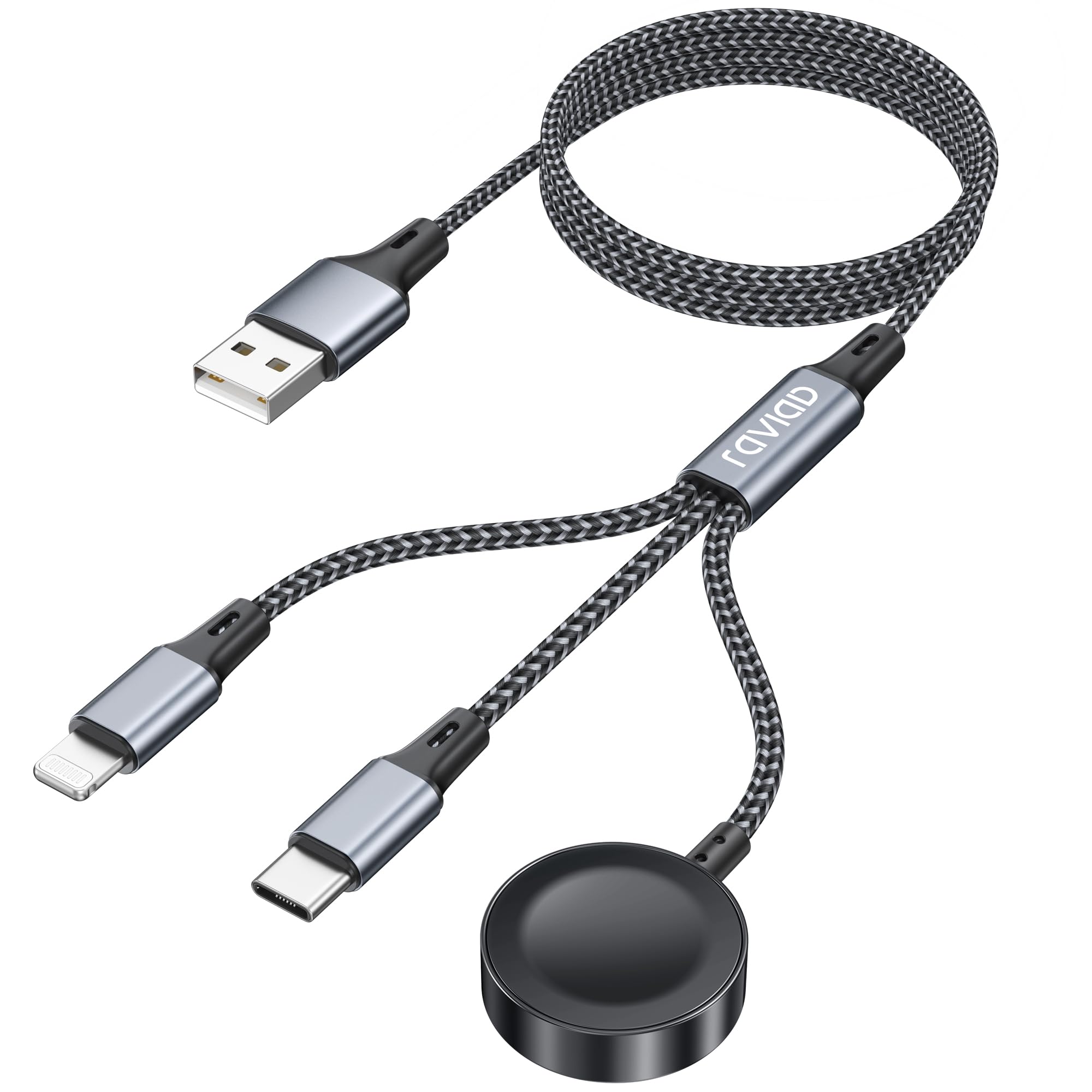 RAVIAD 3 in 1 Ladekabel für Apple Watch 1.2M, Multi USB Kabel mit Apple Watch Ladegerät, USB C, Lightning Kompatibel mit iWatch Ultra/SE/11/10/9/8/7/6, iPhone 17/16/15/14/13/12/11, Galaxy