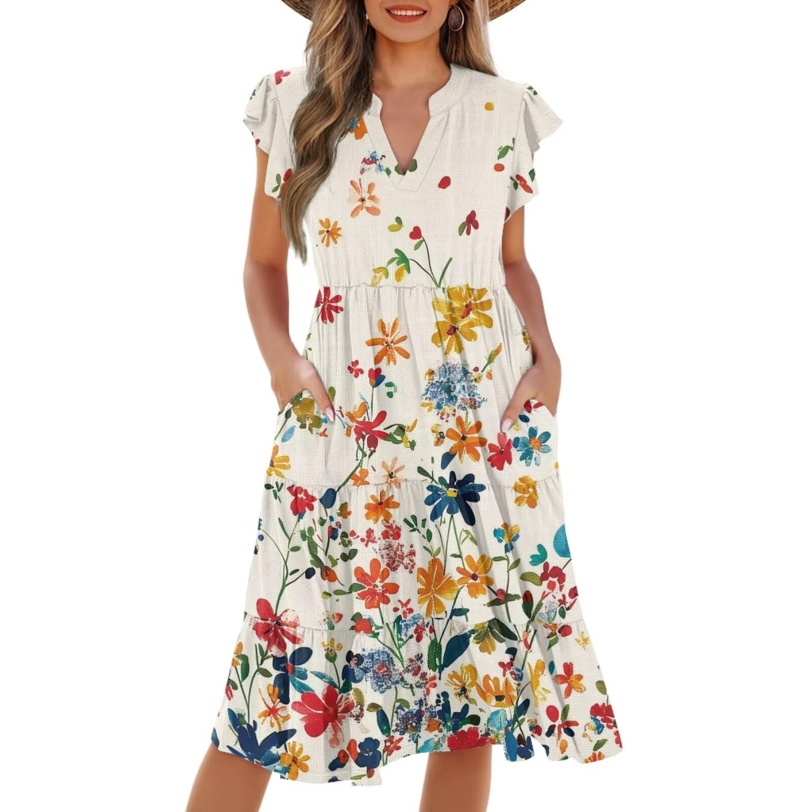 Womens Summer Dress Ruffle Sleeve V Neck Dress Casual Fit Flowy Beach Vacation Sundress with Pocket S-2XL