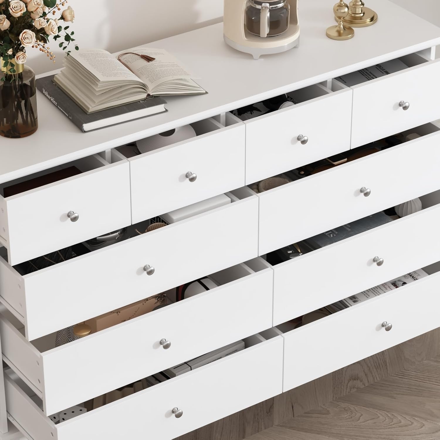 FUFU&GAGA White Dresser for Bedroom Chest of Drawers, Modern 10 Drawer Cabinet with Silver Knobs, 55.1” Wide Dressers with Wood Legs for Living Room Hallway, 55.1”W x 15.7”D x 35.4”H