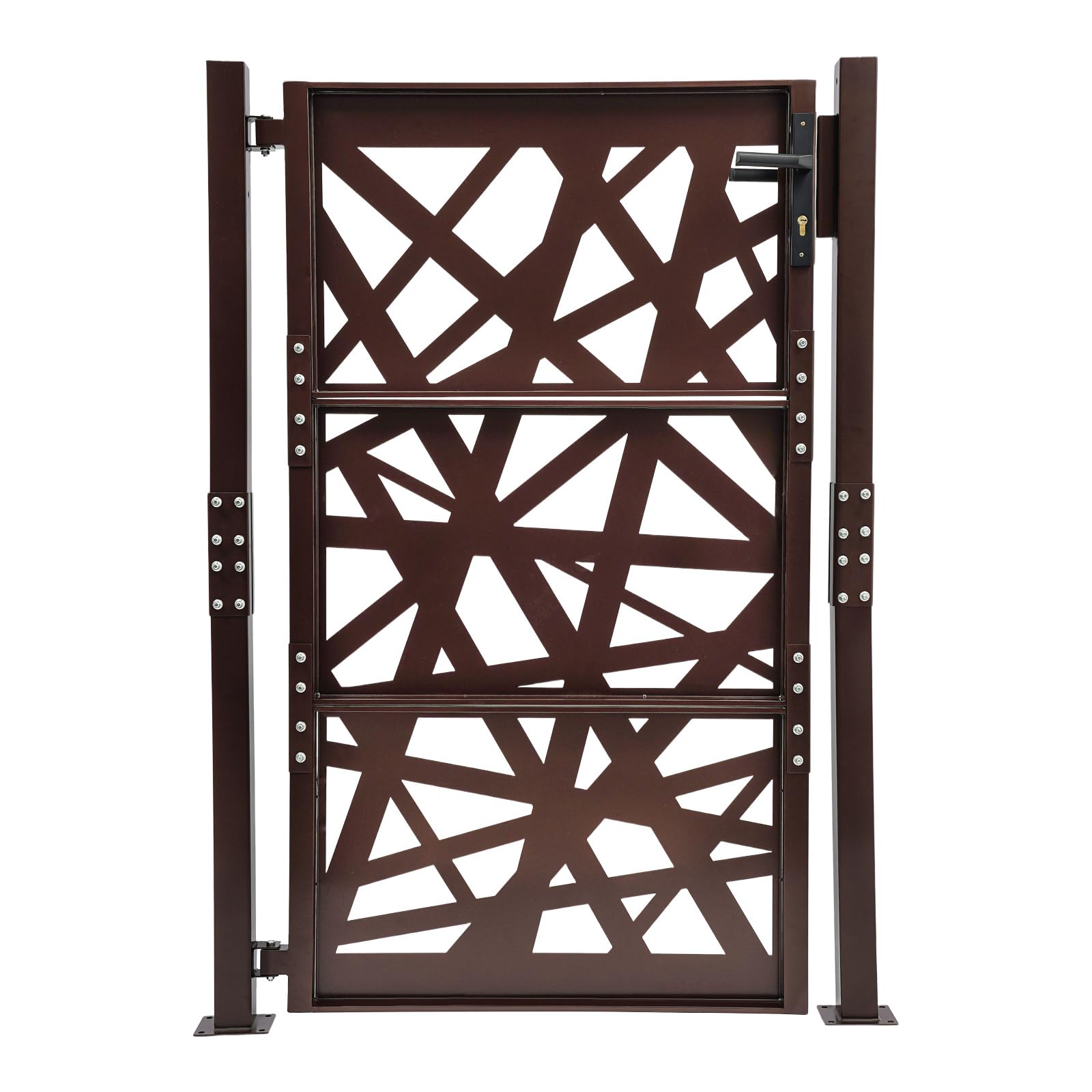 Cancello da giardino, 105 x 150 cm, doppia colonna, in metallo, con 7 chiavi e angolo di chiusura a 180°, per magazzini, giardini, cortili interni (marrone)