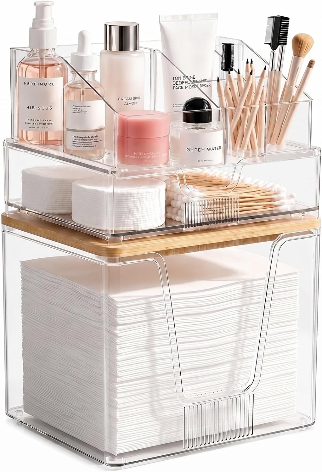SPOSPO 3-in-1 Disposable Facial Towel Holder & Makeup Organizer | Cotton Ball/Swabs Dispenser, Vanity Holder with Bamboo Lid Compatible with Clean Skin Club Towel XL for Bathroom Coutertop