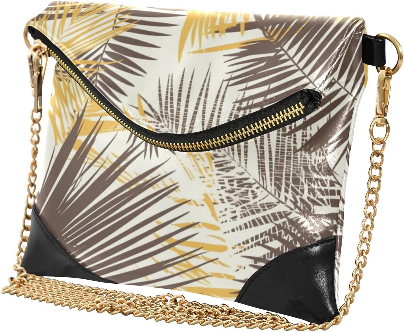 PU Leather Clutch Handbags for Women Minimalist Style Envelope Clutch Bag for Party Brownish Yellow Tropical Leaves