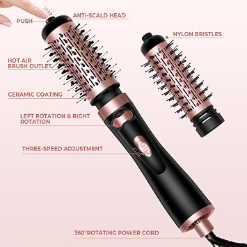Rotating Hair Dryer Brush, 3-in-1 Hair Dryer Brush, 360° Rotating Hot Air Brush, Hot Air Brush Set with 2 Brushes, Rotating Hair Styler Ionic Blow Volumizer, for Dry Hair, Curl Hair, Black