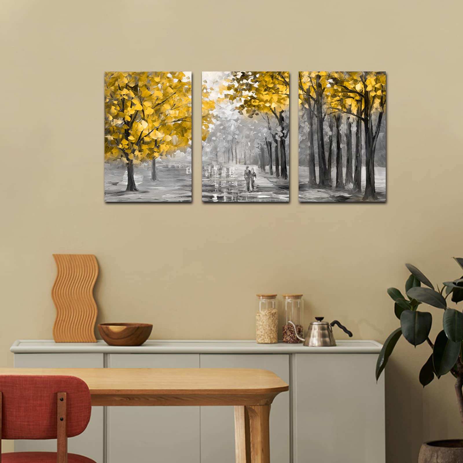 FajerminArt 3 Panels Framed Canvas Wall Art Abstract Autumn Tree Leaves Art Pictures Printing Poster Canvas Prints Wall Decor for Bedroom Living Room Bathroom Office Ready to Hang 30x40cmx3 Pcs - Image 4