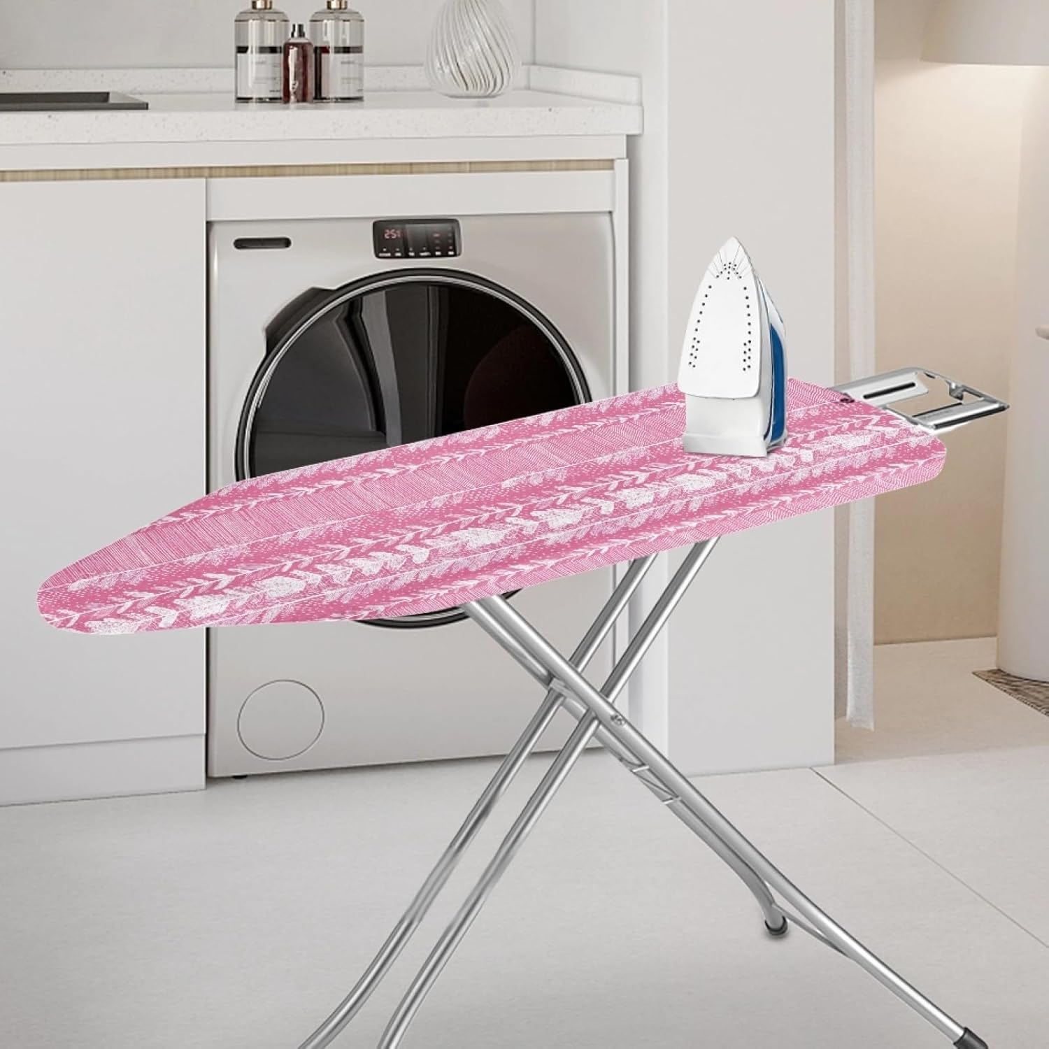 Ironing Board Cover 14x48 Arrow Pink White Iron Board Cover with Padding Heat Reflective,Scorch Resistant Thick Padding,Snug Fit Non-Slip Nose Pocket Fastener Straps Elastic Edges