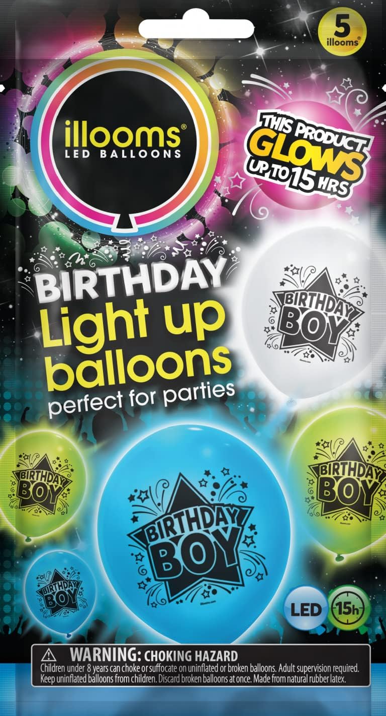 illooms Birthday Boy Light Up Balloons 5 Pack - Mixed Colour Latex LED Balloons