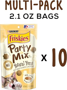 Purina Friskies Natural Cat Treats, Party Mix Natural Yums With Real Chicken & Vitamins, Minerals & Nutrients - (Pack of 10) 2.1 oz. Pouches