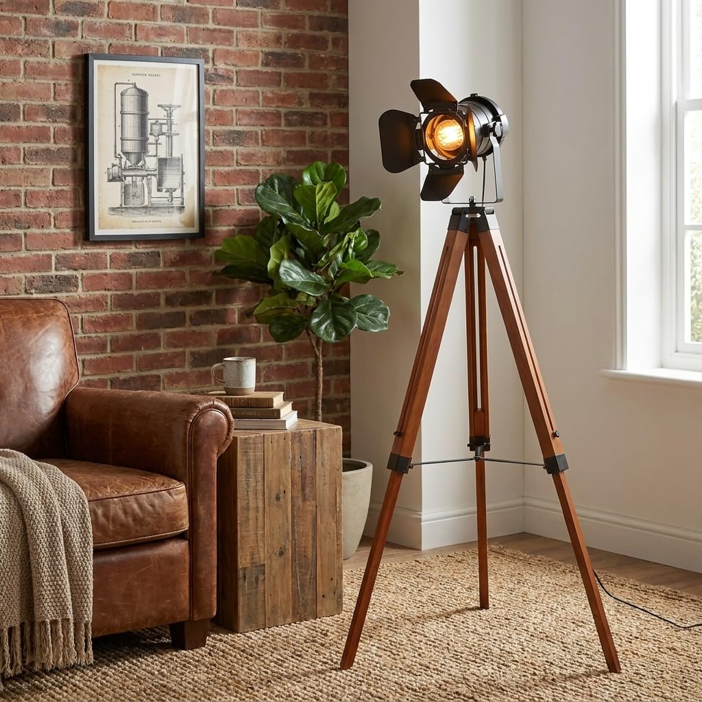 Alpinaluz Lampada da Terra con Trípode in Legno Vintage, Testa Orientabile Nera in Metallo, Altezza Regolabile, Portalampada E27 per Lampadine LED, Design Moderno Minimalista per Interni Soggiorno