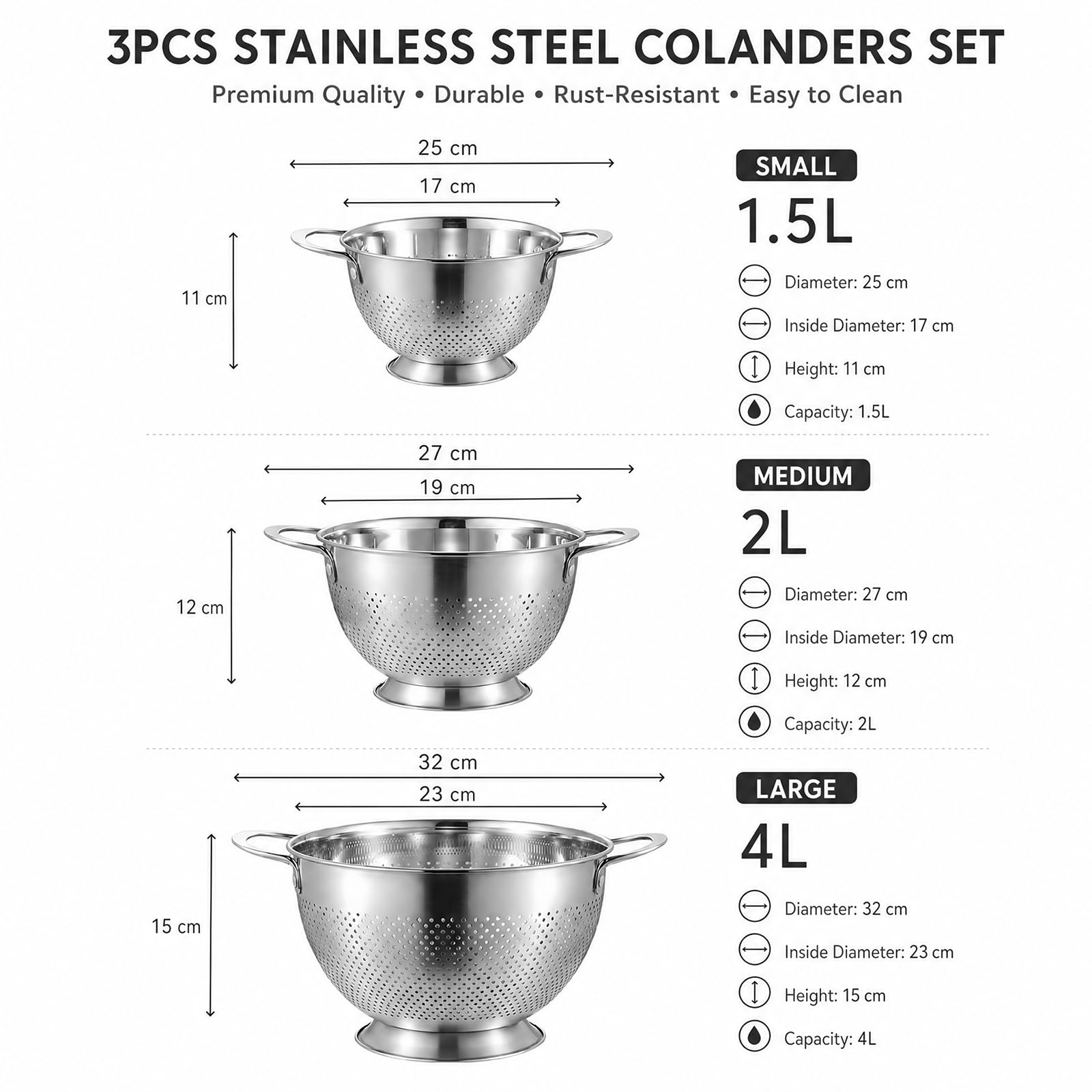 Set di 3 colini da cucina in acciaio inox, con manico e base