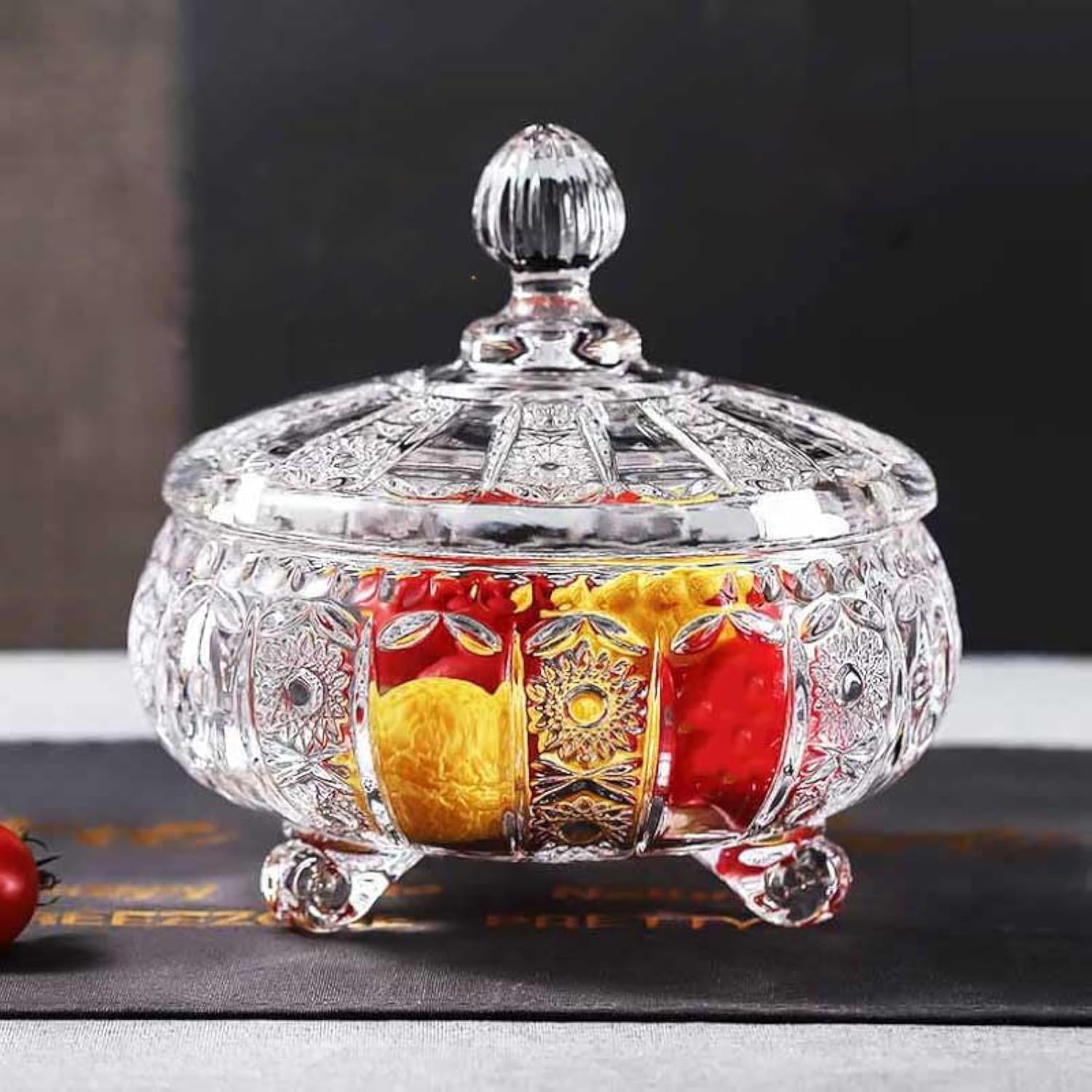 WRINGO premium Glass Candy Dish with Lid, Crystal Candy Jar, Cookie Jar, Decorative Candy Bowl, Jewelry Dish, Covered Candy Jars for Buffet, Kitchen, Home, Office Desk