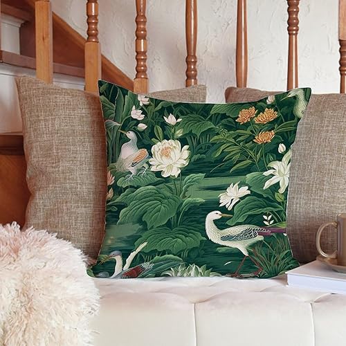 Vista 81 de ArogGeld Fundas de cojín asiáticas escénicas elegantes chinoiserie, diseño de loto verde, pájaros, jardines, funda de almohada para sofá