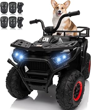 24V 4x4 Ride on Toys Car, BLISSRIDE Kids ATV Quad w/Kneepads, 5Mph Max Speed, Music, LED Lights, Rear Storage Rack, Big Tires, Safe Soft Start&Brake, Electric 4 Wheeler for Kids Boys Girls, L Black