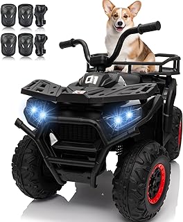 24V 4x4 Ride on Toys Car, BLISSRIDE Kids ATV Quad w/Kneepads, Bluetooth Music, LED Lights, Rear Storage Rack, Spring Suspension, Safe Soft Start&Brake, Electric 4 Wheeler for Kids Boys Girls, L Black
