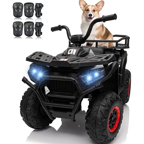 24V 4x4 Ride on Toys Car, BLISSRIDE Kids ATV Quad w/Kneepads, Bluetooth Music, LED Lights, Rear Storage Rack, Spring Suspension, Safe Soft Start&Brake, Electric 4 Wheeler for Kids Boys Girls, L Black