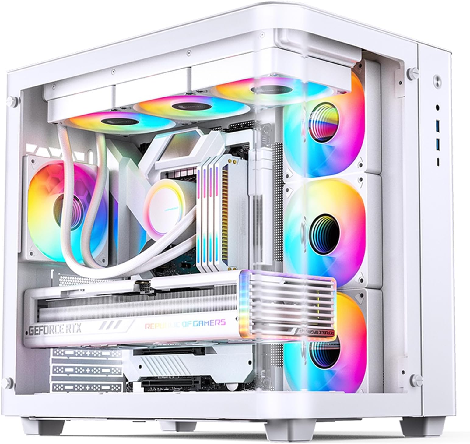 TK-3 White One-Piece Curved Glass ATX Mid Tower Pc Case, One-Piece Curved Glass, Support BTF MB/Dual 360 AIO/ATX PSU/40Series GPU, with 10 Fan Positions, 270 Degree Side View Display,White