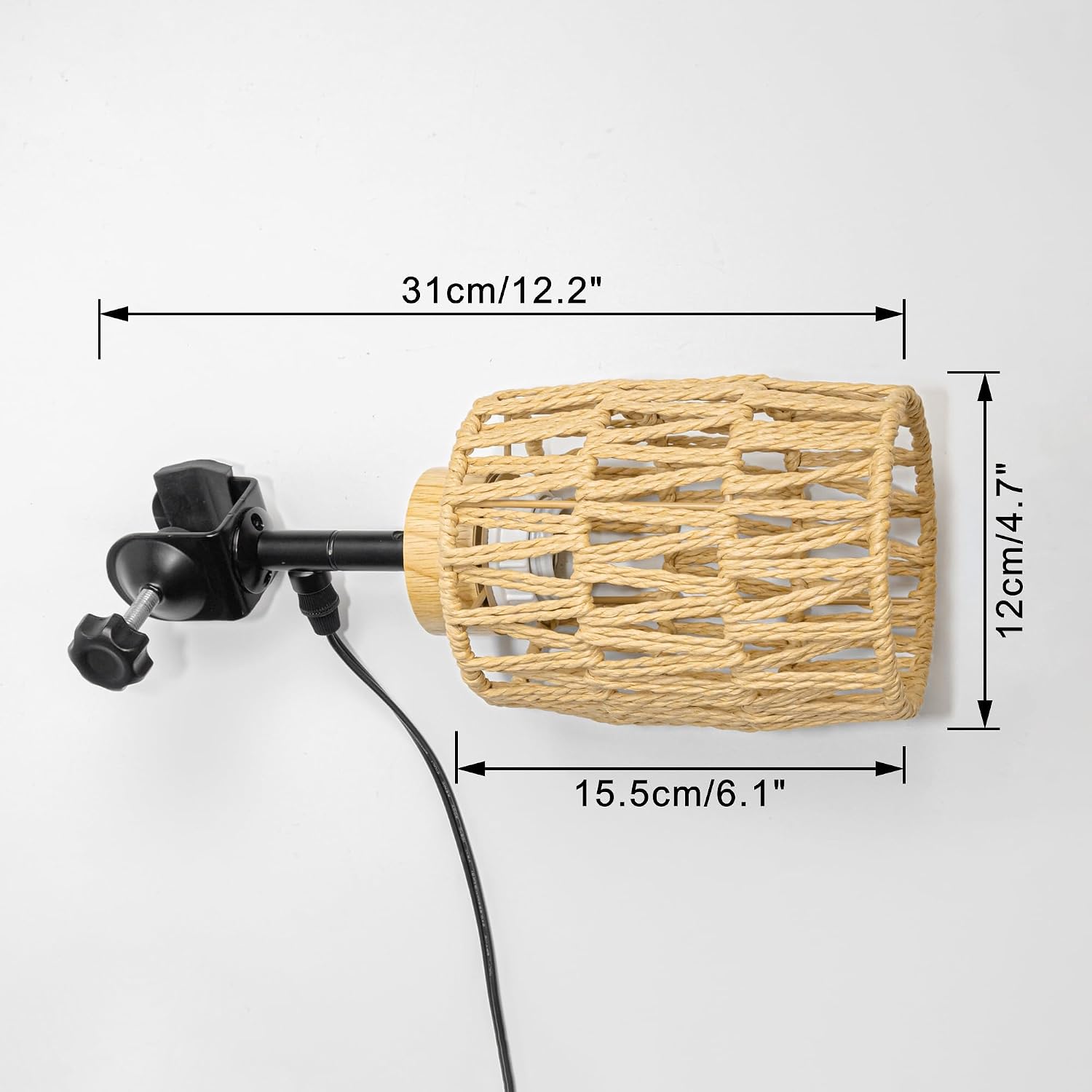 Attached to Support Rod E26 Wood Base Clip Mounted Lighting Plug in Button Cord Rattan Hollow Shade Stand Light Adjusted Angle Vintage Design for Plants Rental House(No Bulb)