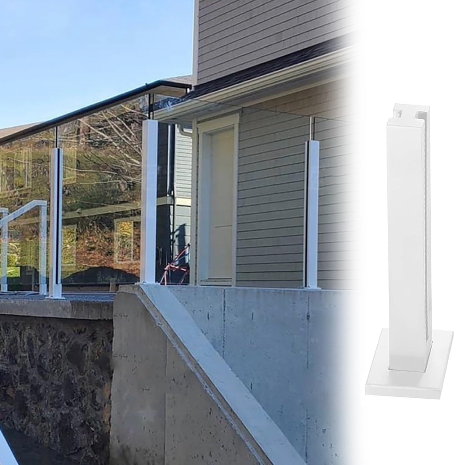 ENHEN White Indoor Outdoor Glass Balustrade Railing Post, Square Baluster Connector Pillar with Complete Kits, Hallway Loft Veranda Stairs Handrail(White Mid post,H-65cm/25.6in)