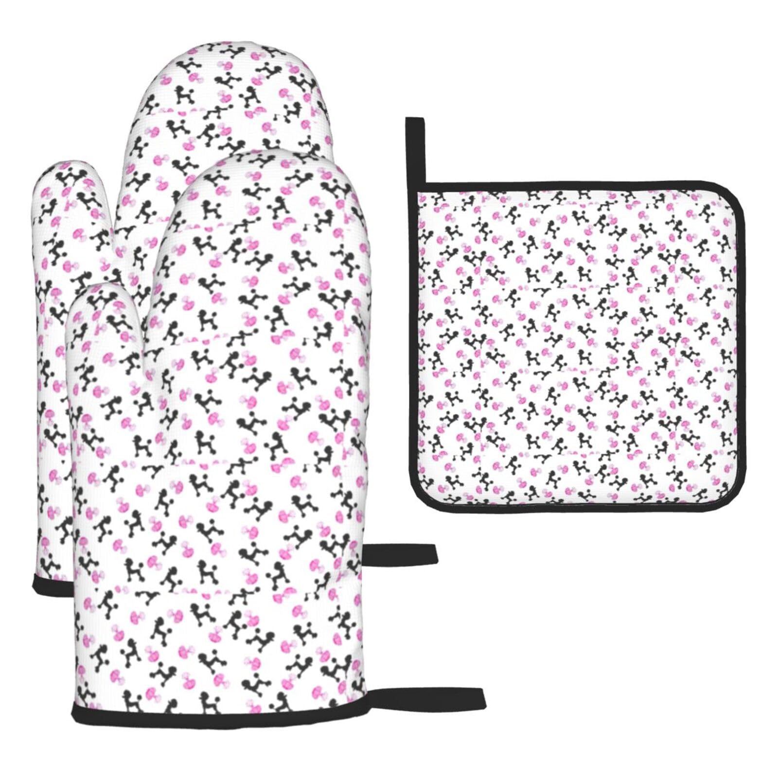 Girly Pink Perfume Bottle And Poodle Print Oven Mitts Kitchen Gloves Set Everyday Baking Grilling Microwaving Cooking Gift
