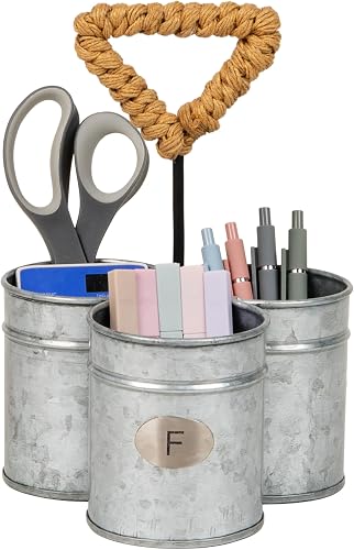 Mind Reader 3-Compartment Organizer with Handle, Multi-Use Storage Caddy, Galvanized Metal, 7" L x 7" W x 10" H, Silver