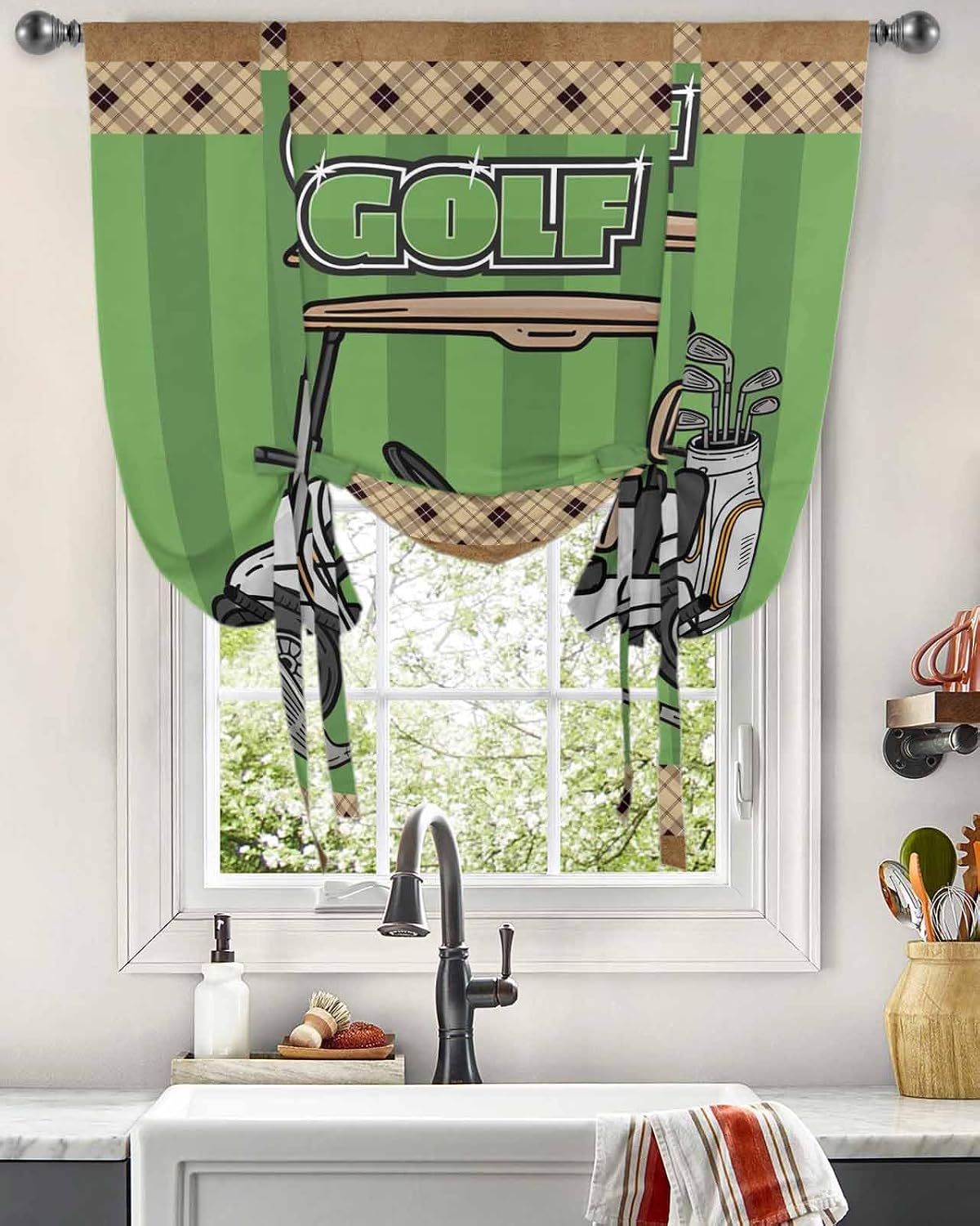 Golf Club Car Tie Up Curtains for Windows 63 Inch Length Balloon Curtains Kitchen Adjustable Balloon Window Shade Green Grassland Wooden Grain Plaid Pattern Tie Up Bathroom Curtain Window 46"x63"