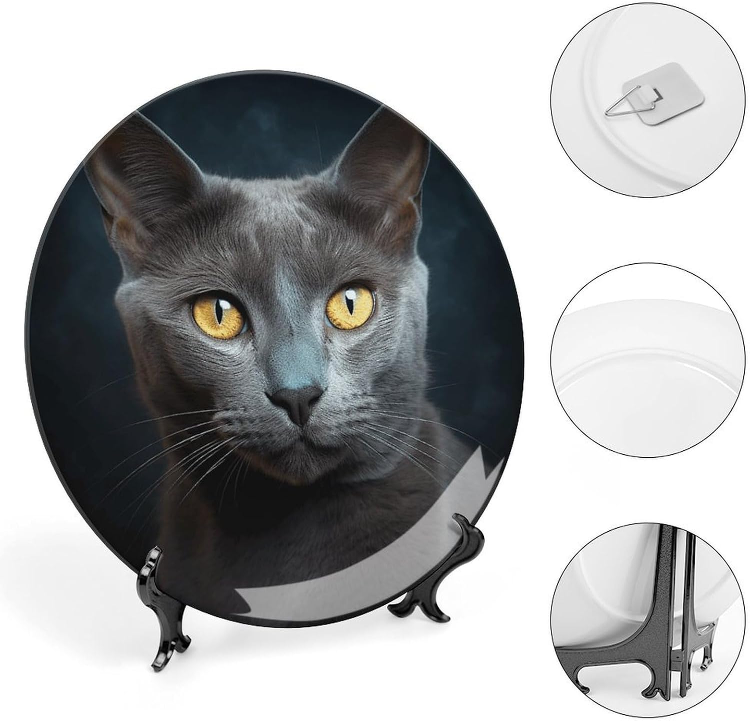 Bone China Decorative Plates Gray Cat Stares Ceramic Decorative Plate Wall Decor with Display Stand Ceramic Ornaments for Wall Hanging Decoration