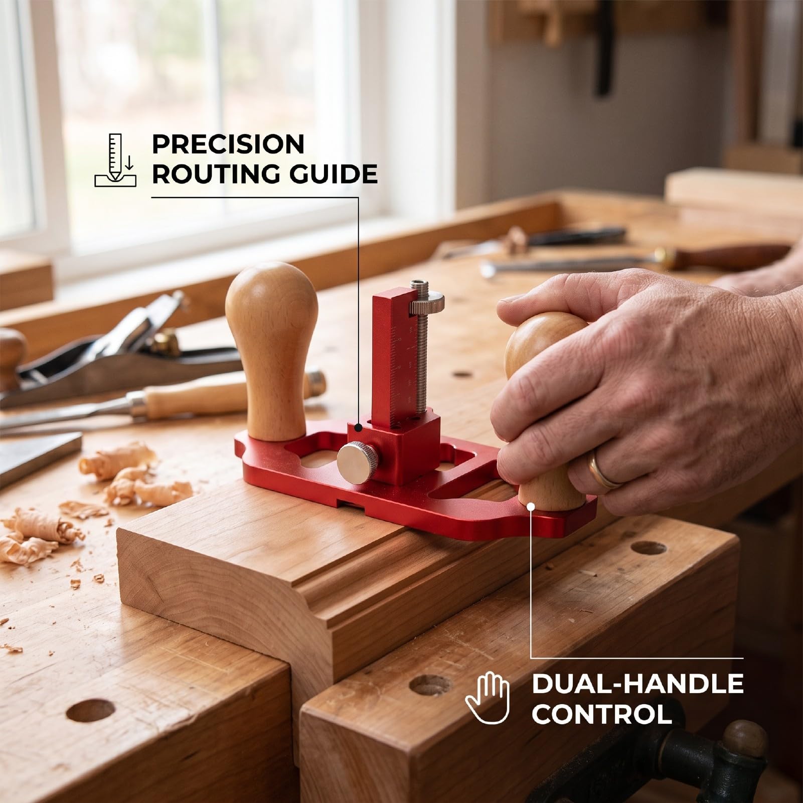 Pialla Manuale per Legno, Lega di Alluminio, Rossa | Doppia Impugnatura, profondità Regolabile, Lama Facile da Affilare, per la Lavorazione del Legno, Levigatura, Rifilatura di