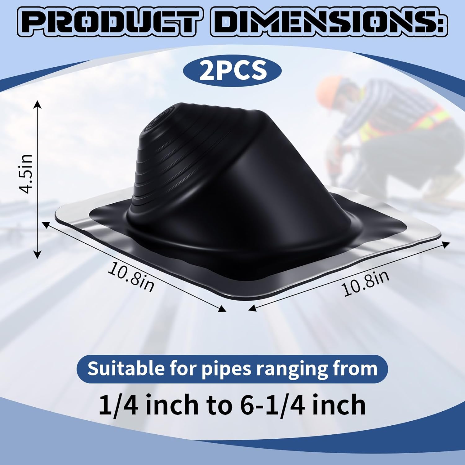 Pangda 2 Pcs Black EPDM Square High Pitch Roof Flashing Steep Slope Metal Roof Flexible Flashing Waterproof Board Pipe Range 1/4" to 6-1/4"