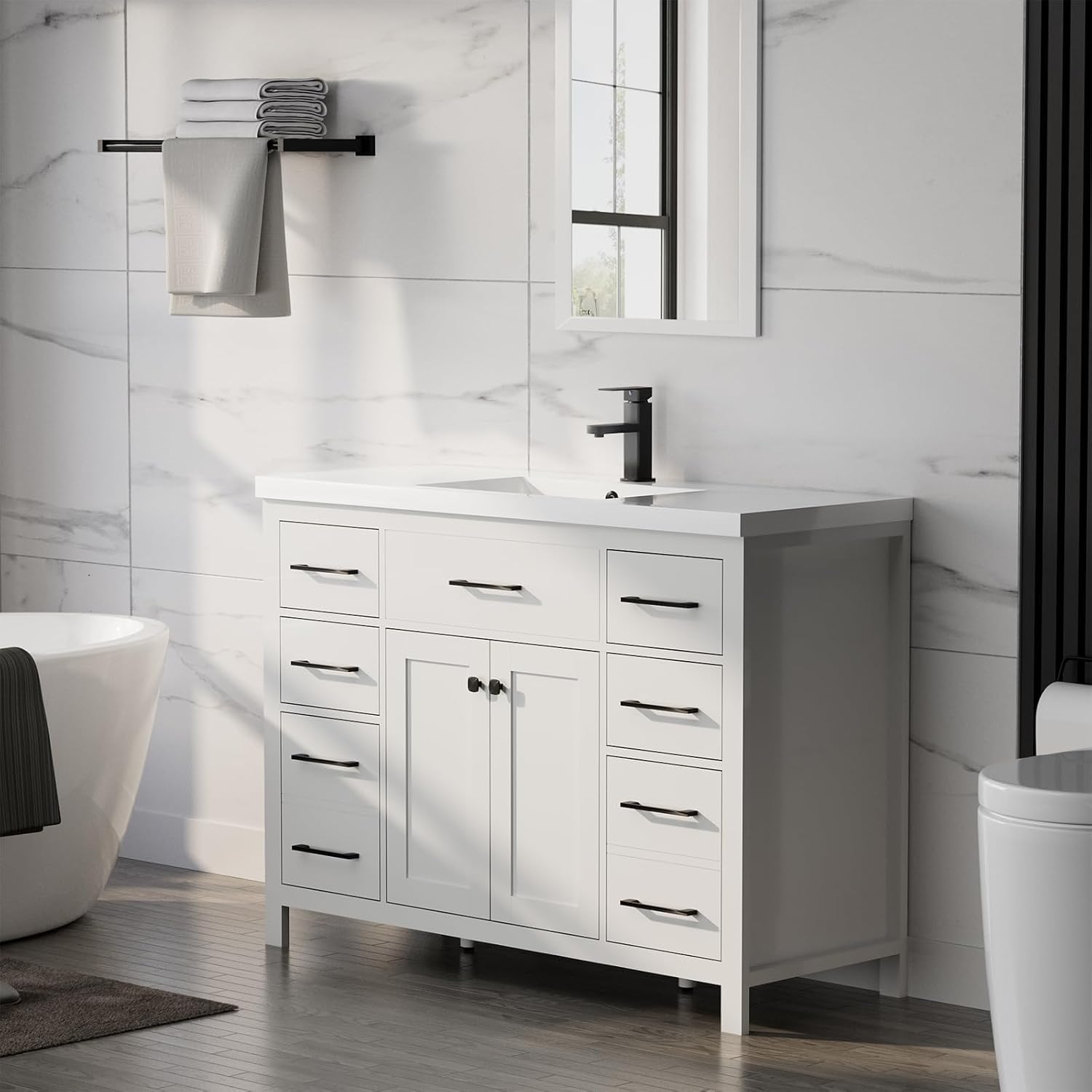 LUCKWIND 48" Modern Bathroom Vanity and Sink, Painted Bathroom Storage Cabinet with Single Resin Sink, Two Doors and Four Drawers, Include Faucet Without Mirror, White