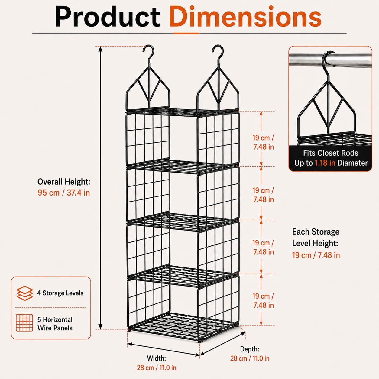 4 Tier Hanging Closet Organizer, Heavy Duty Carbon Steel Wire Closet Hanging Storage Shelves, Foldable Space Saving Closet Rod Organizer for Clothes, Towels, Handbags, Sweaters